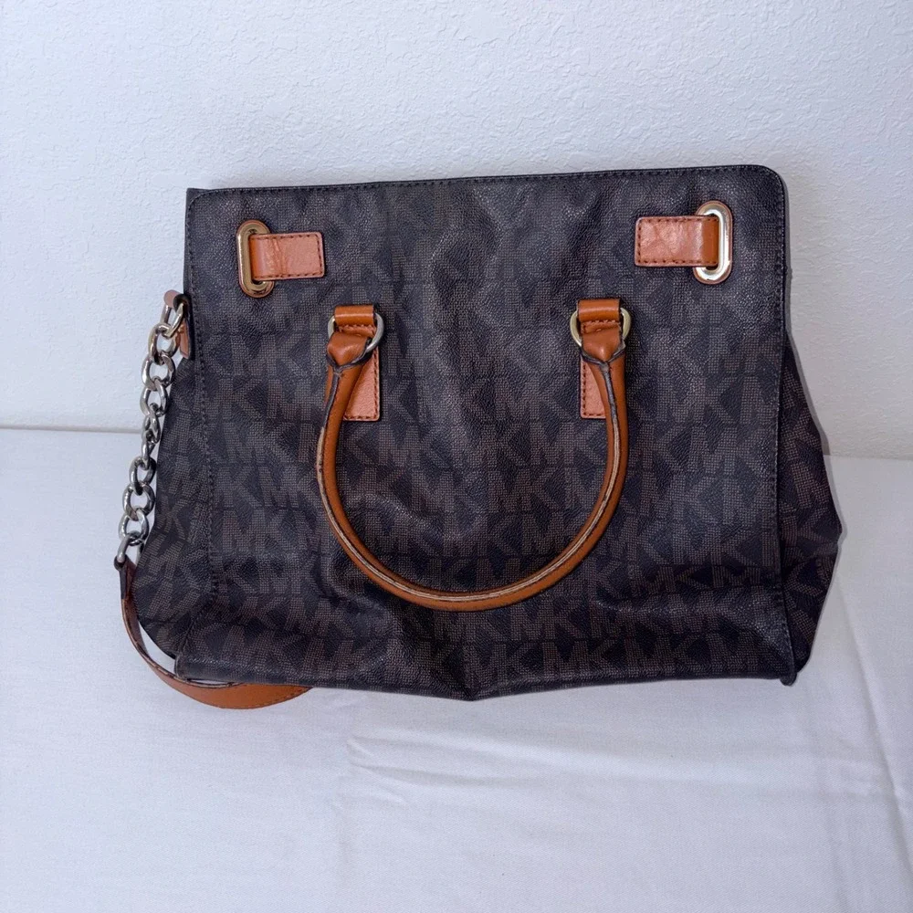 Michael Kors hamilton signiture Monogram Satchel Bag Brown Leather Chain Strap